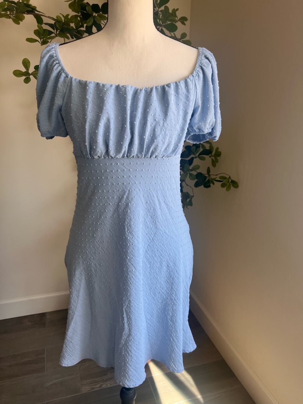 Blu Pepper Babydoll Sky Blue Swiss Dot Puff Sleeve Mini Dress Size L